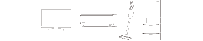 家電イメージ（テレビ、エアコン、掃除機、冷蔵庫）
